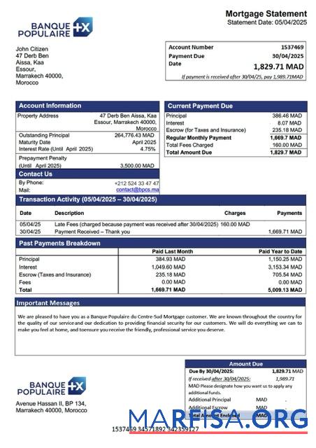 Realistic Morocco Banque Populaire du Centre Sud mortgage statement Word and PDF template
